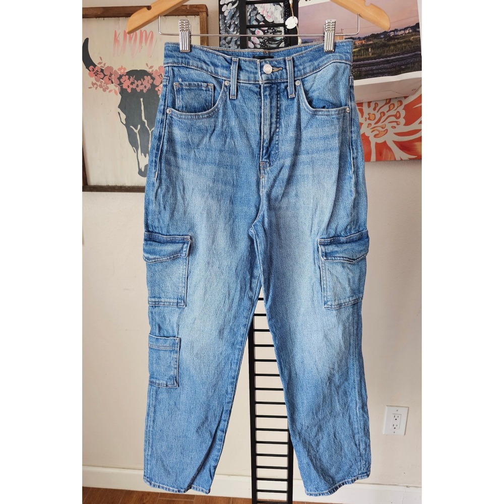 EXPRESS High Rise Cargo Straight Leg Jeans Blue Medium Wash Denim Womens Size 0R